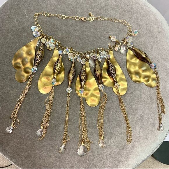 UNIQUE gold bronze brass chunky Swarovski crystal teardrop chain necklace - Picture 2 of 7